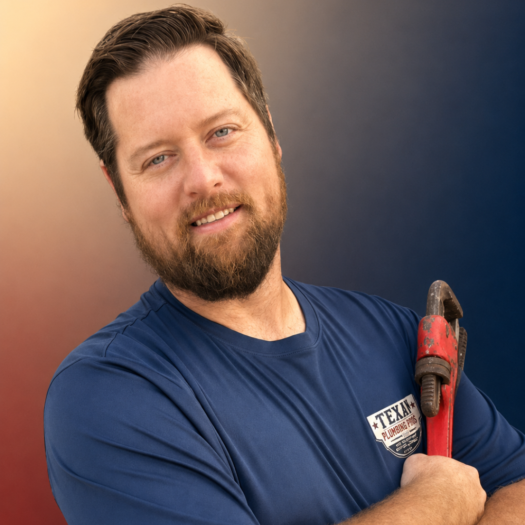Andy of Texan Plumbing Pros, owner-operator, holding a pipe wrench in a navy company shirt